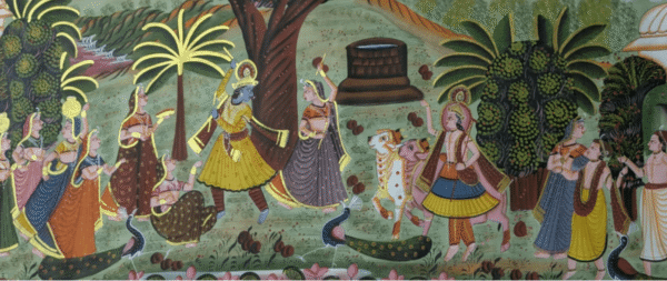 Handmade Pichwai Painting of Krishna Dancing with Gopis and Cows
